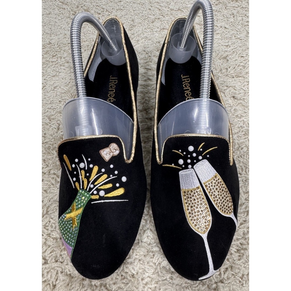 J Renee Black Suede NYE Champagne Toast Slip On Flat Loafers Women's 9.5 Holiday